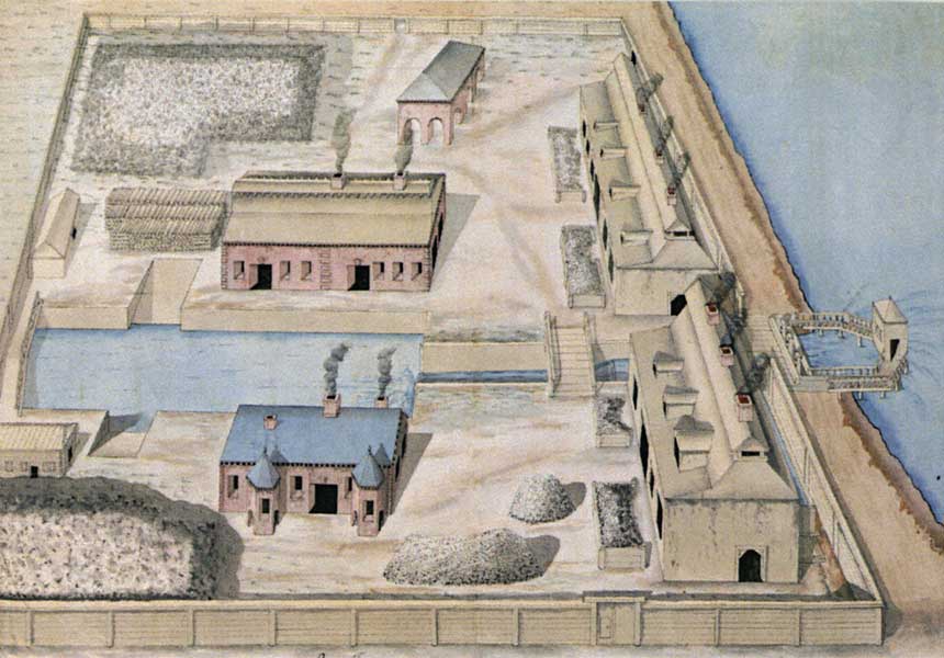 Общий вид Барнаульского сереброплавильного завода, рис. 1785-1792 гг. Источник: "Барнаульский сереброплавильный завод", А. В. Контев, В. Б Бородаев, 2016